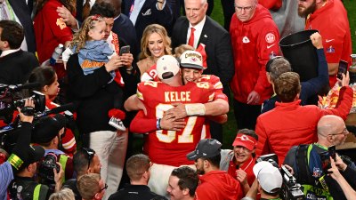 Patrick Mahomes and Travis Kelce Hug After Super Bowl Win