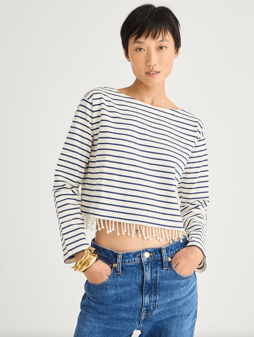 J.Crew Pearl-fringe long-sleeve T-shirt in stripe