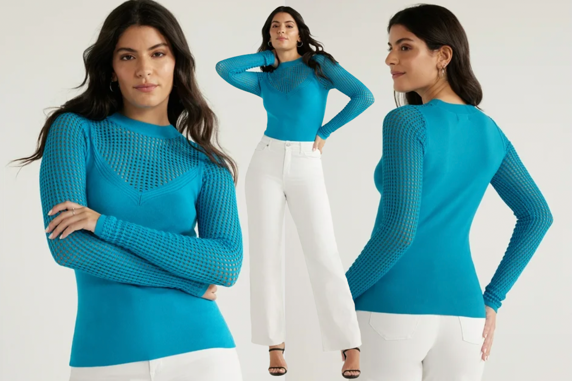 Sofia Jeans by Sofia Vergara Women's V-Neck Mesh Pullover Sweater with Sheer Long Sleeves