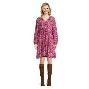 Time and Tru Women's Drawstring Mini Dress with Long Sleeves