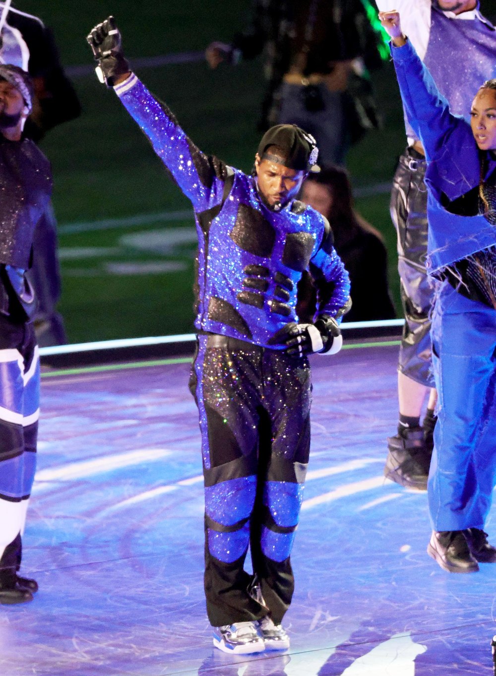 Usher Works With Off White to Design Bedazzled Blue and Black Roller Skating Look at the Super Bowl