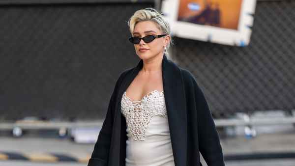 Florence Pugh arriving at "Jimmy Kimmel Live!" in Los Angeles on February 1, 2024.