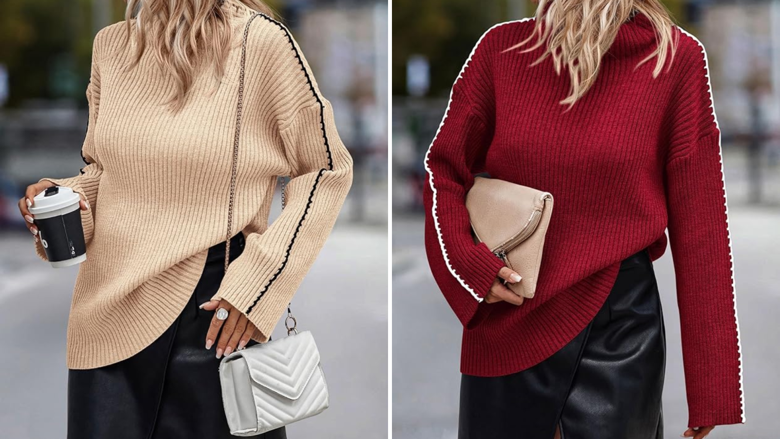This Cozy Sweater Nails the Contrast Stitching Microtrend | Us Weekly