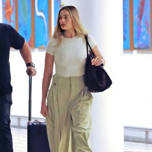 Margot Robbie at Brisbane International Airport on February 3, 2024.