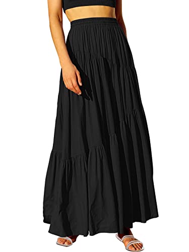 ANRABESS Women’s Boho Elastic High Waist Pleated A-Line Flowy Swing Asymmetric Tiered Maxi Long Skirt Dress with Pockets 617heise-M Black