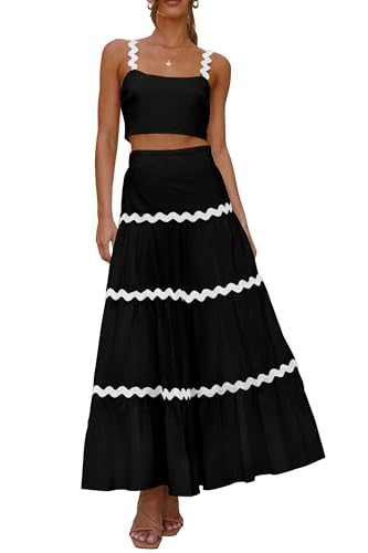 PRETTYGARDEN Womens 2024 Summer Two Piece Vacation Beach Outfits Dressy Sleeveless Cropped Tank Tops And Long Maxi Skirt Sets (Black,Large)