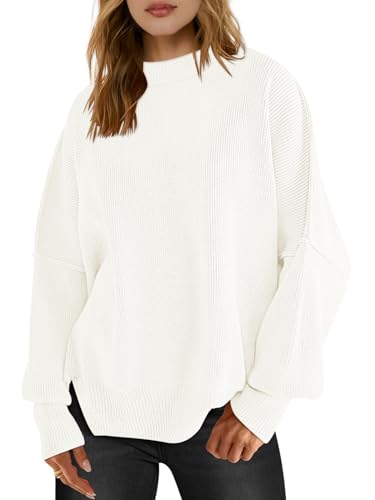 LOGENE Women's Oversized Batwing Long Sleeve Crewneck Side Slit Ribbed Knit Pullover White Sweater Tops (White, S) 305-baise-S