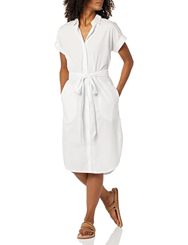 Amazon Essentials Women's Relaxed Fit Short Sleeve Button Front Belted Shirt Dress, White, X-Small