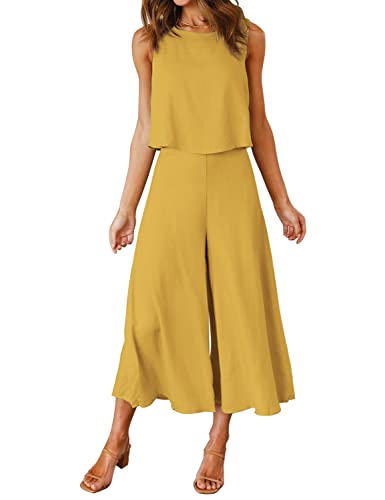 ROYLAMP Women's Summer 2 Piece Outfits Round Neck Crop Basic Top Cropped Wide Leg Pants Set Jumpsuits Ginger Yellow XS