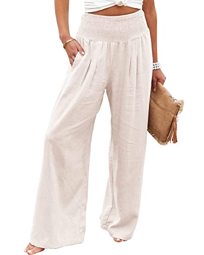 Vansha Women Summer High Waisted Cotton Linen Palazzo Pants Wide Leg Long Lounge Pant Trousers with Pocket White M