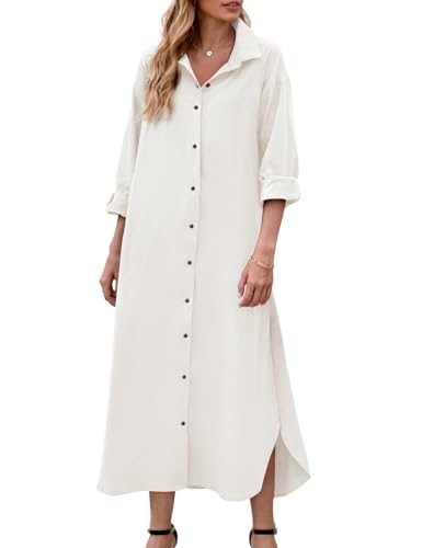 Fasumava Women's Cotton Linen Shirt Dress Long Sleeve Casual Loose Maxi Dresses with Pockets White S