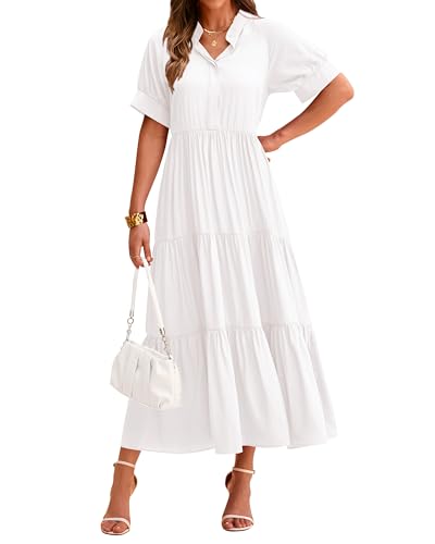 dowerme Summer Dress for Women 2024 Trendy Short Sleeve Button Up Ruffle A Line Tiered Flowy Maxi Dresses(Solid Beige White,Large)