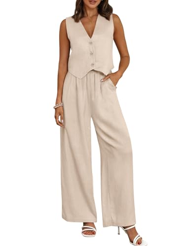 AUTOMET Womens 2 Piece Outfits Linen Lounge Pants Matching Sets Two Piece Linen Sleeveless V Neck Tops 2024 Teacher Clothes