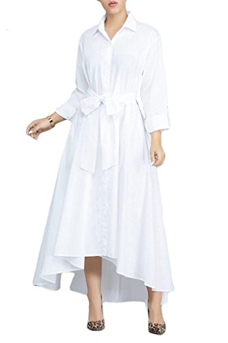 VERWIN Women Long Sleeve Loose Elegant Maxi Dress Button Down Up Shirt Long Dress with Pockets and Belts White XL