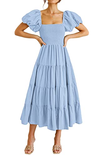 PRETTYGARDEN Women's Casual Summer Midi Dress Puffy Short Sleeve Square Neck Smocked Tiered Ruffle Dresses (Light Blue,Medium)