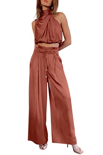 PRETTYGARDEN Women's 2 Piece Outfits 2024 Summer Casual Sleeveless Mock Neck Crop Tops Wide Leg Pants Set (Brown Red,XX-Large)