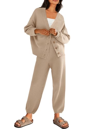 LILLUSORY Womens Loungewear Set 2 Two Piece Outfits Sweater Lounge Wear 2023 Trendy Cozy Comfy Knit Oversized Cardigan Pants Set Travel Outfits