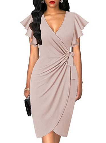 oten Women Wrap V Neck Ruffle Sleeve Ruched Bodycon Dress Knee Length Tie Waist Formal Cocktail Dresses Special Occasions Nude Small