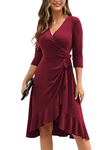 IHOT Casual Work Dresses for Women Hide Belly Baby Shower Cocktail Party Summer Dress Classic 3/4 Sleeve Deep V Neck Graduation Party Work Business Wrap Dress,Wine Red,M