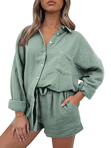 Trendy Queen 2 Piece Outfits Women Lounge Sets Pajama Two Piece Sets 2024 Spring Fashion Outfits Button Down Oversized Shirts And Shorts Tracksuit