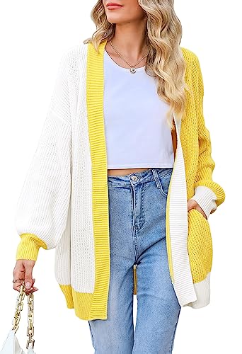 Women's Colorblock Cardigan Long Sleeve Open Front Ribbed Knit Oversized Cardigans Sweaters with Pockets Yellow M