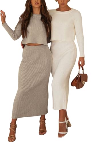 CHARTOU Women Two Piece Sweater Skirt Set Outfits Knit Sweater Top Pullover Knitted Slit Bodycon Pencil Skirt (One Size, Dark apricot)