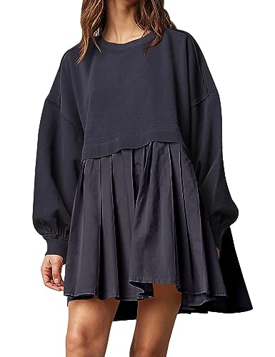 Ugerlov Womens Oversized Sweatshirt Dress Long Sleeve Crewneck Pullover Tops Relaxed Fit Sweatshirts Short Mini Dresses, Black/Black XS