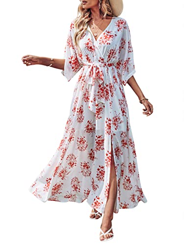 ANRABESS Robe kimono d'été fendue sur le côté pour femme, col en V, manches courtes, robe longue, imprimé floral, robe de plage avec ceinture, 487honghuacao-XL
