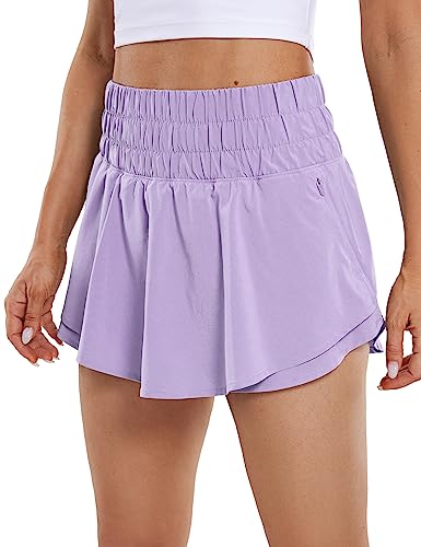 CRZ YOGA Athletic Shorts for Women High Waisted Flowy Ruffle Skirt Overlay Workout Running Tennis Shorts Zip Pocket Lilac XX-Small
