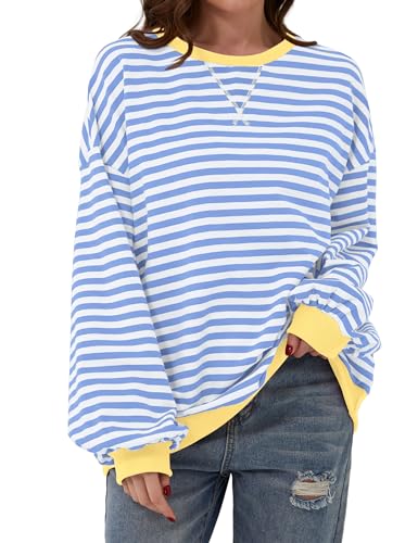 TERIVEEK Women Oversized Striped Color Block Long Sleeve Crew Neck Sweatshirt Casual Loose Pullover Y2K Shirt Top Blue White