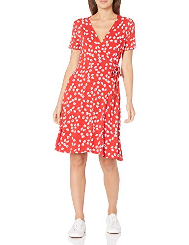 Amazon Essentials Women's Short Sleeve Faux-Wrap Dress, Red Tossed Leaf, Medium