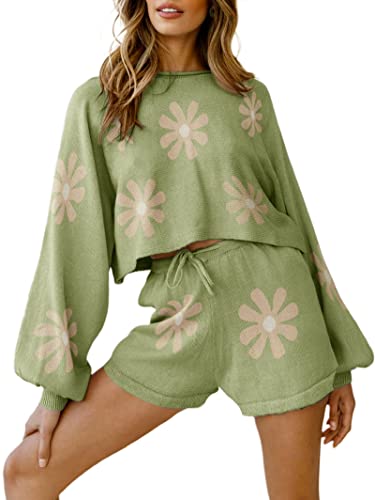 Ekouaer Pajamas Set for Women Summer Daisy Flower Knit Lounge Sets Casual Knit Loungewear 2 Piece Top and Shorts Outfits PJ Sets Floral Green XXL
