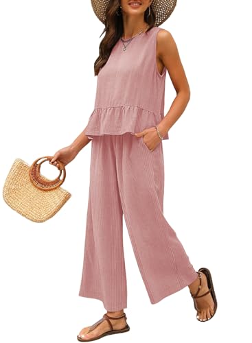 EVALESS Two Piece Sets for Women Summer Vacation Outfits Womens Clothes Fashion 2024 Basic Knit Tops for Women Dressy Casual Matching Sets Pink Jumpsuits Round Neck Crop Top Wide Leg Pants Set, Small