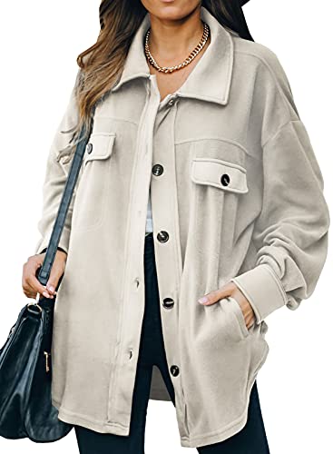 Astylish Womens Jackets Long Sleeve Shirt Jacket Solid Color Button Down Tops with Pockets Beige Small