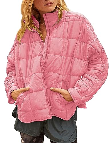 Huaqiao Womens Quilted Puffer Jackets Lightweight Zipper Short Oversized Padded Coat with Pockets(Pink-S)