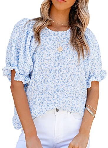Dokotoo 2024 Summer Blouses for Women Tops Crew Neck Smocked Short Puff Sleeve Cute Boho Flowy Mini Tunic Tops Cute Floral Printed Blouses and Shirts for Juniors L Sky Blue