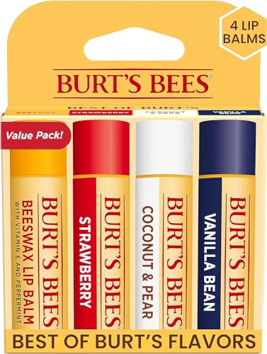 Burt's Bees Lip Balm Easter Basket Stuffers - Beeswax, Strawberry, Coconut and Pear, and Vanilla Bean Pack, With Responsibly Sourced Beeswax, Tint-Free, Natural Lip Treatment, 4 Tubes, 0.15 oz.