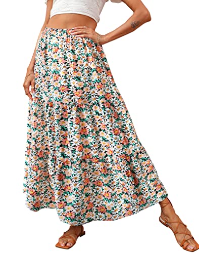 KIRUNDO Women's 2024 Spring Summer High Waist Boho Floral Maxi Skirt Casual Flowy Swing Pleated A Line Beach Long Skirts(Khaki, Medium)