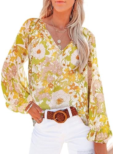 SHEWIN Blouses for Women Dressy 2024 Casual Floral Lantern Long Sleeve Cute Boho Tops Loose V Neck Spring Dress Shirts Trendy Fall Clothes for Women 2023,US 16-18(XL),Flower Yellow