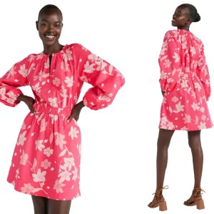 Free Assembly Women's Gathered Waist Mini Dress with Long Sleeves