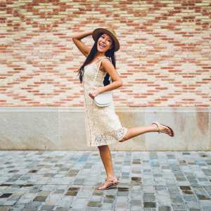 Woman in sandals with leg up