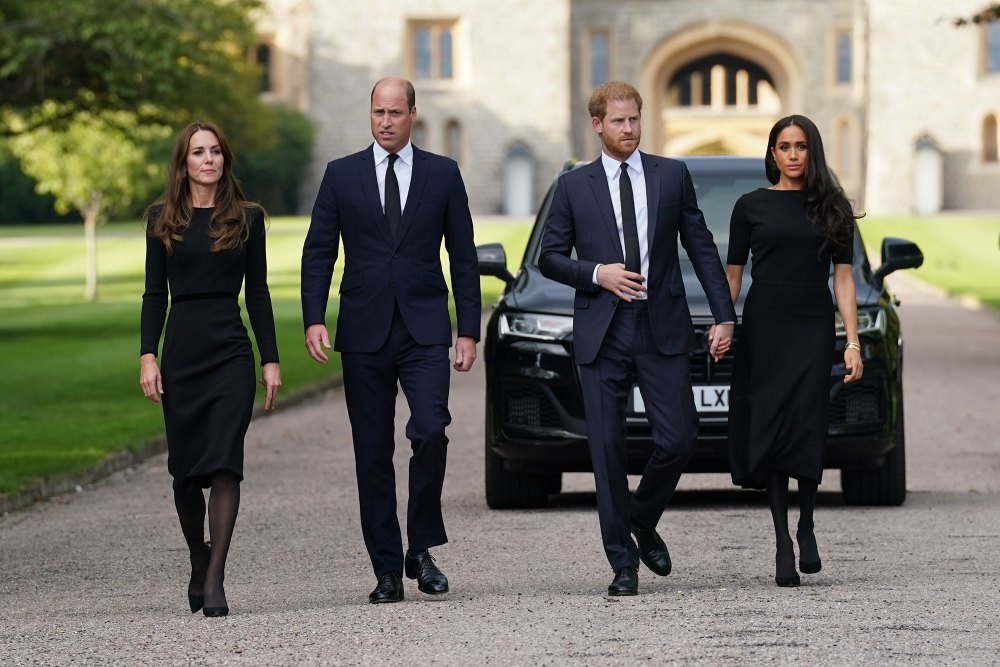 Catherine, Princess of Wales, Prince William, Prince of Wales, Prince Harry, Duke of Sussex and Meghan, Duchess of Sussex on the long Walk at Windsor Castle on September 10, 2022 in Windsor, England.
