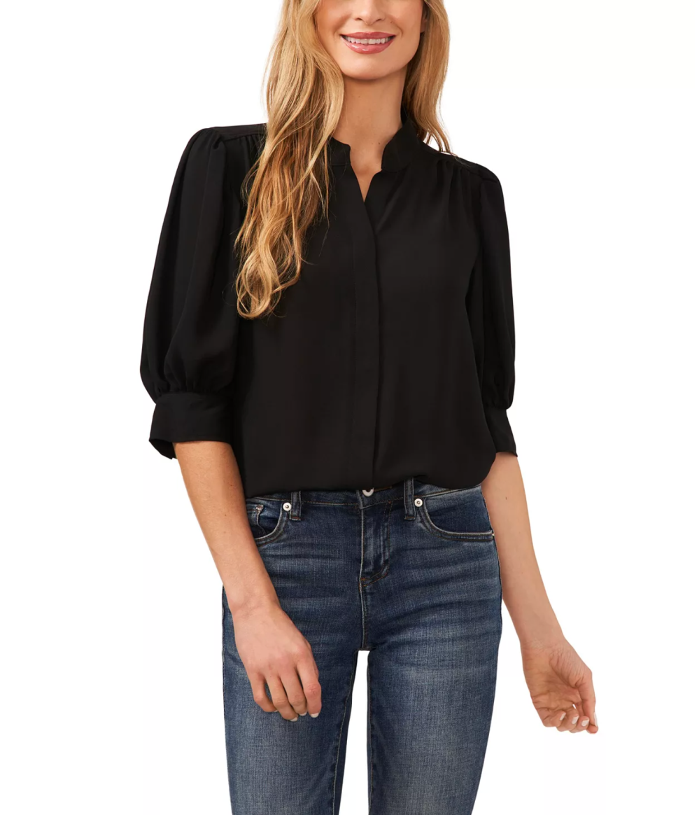 Cece Women's Elbow Sleeve Collared Button Down Blouse fashion finds