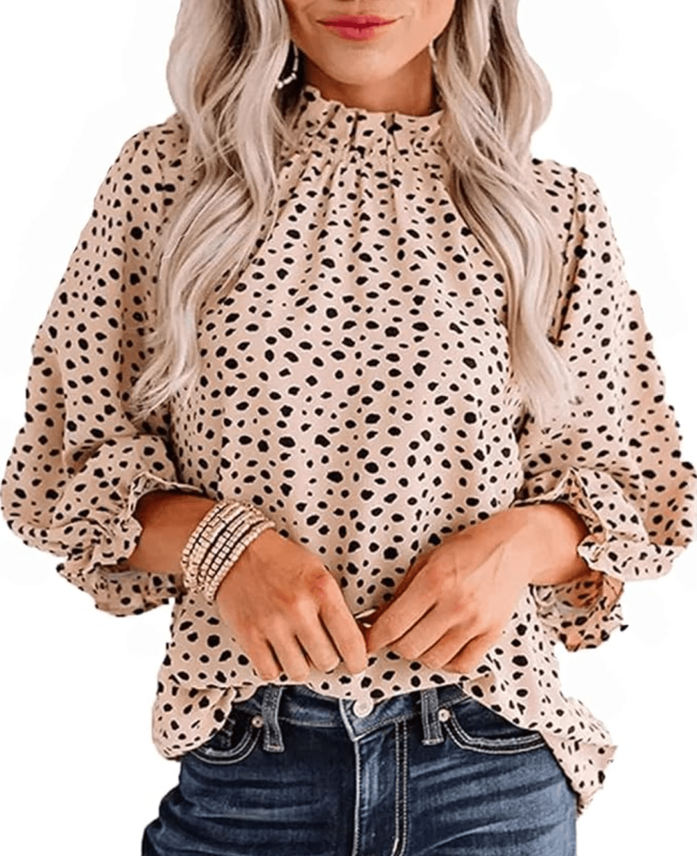 Avanova women's top with leopard print and ruffles with stand-up neck