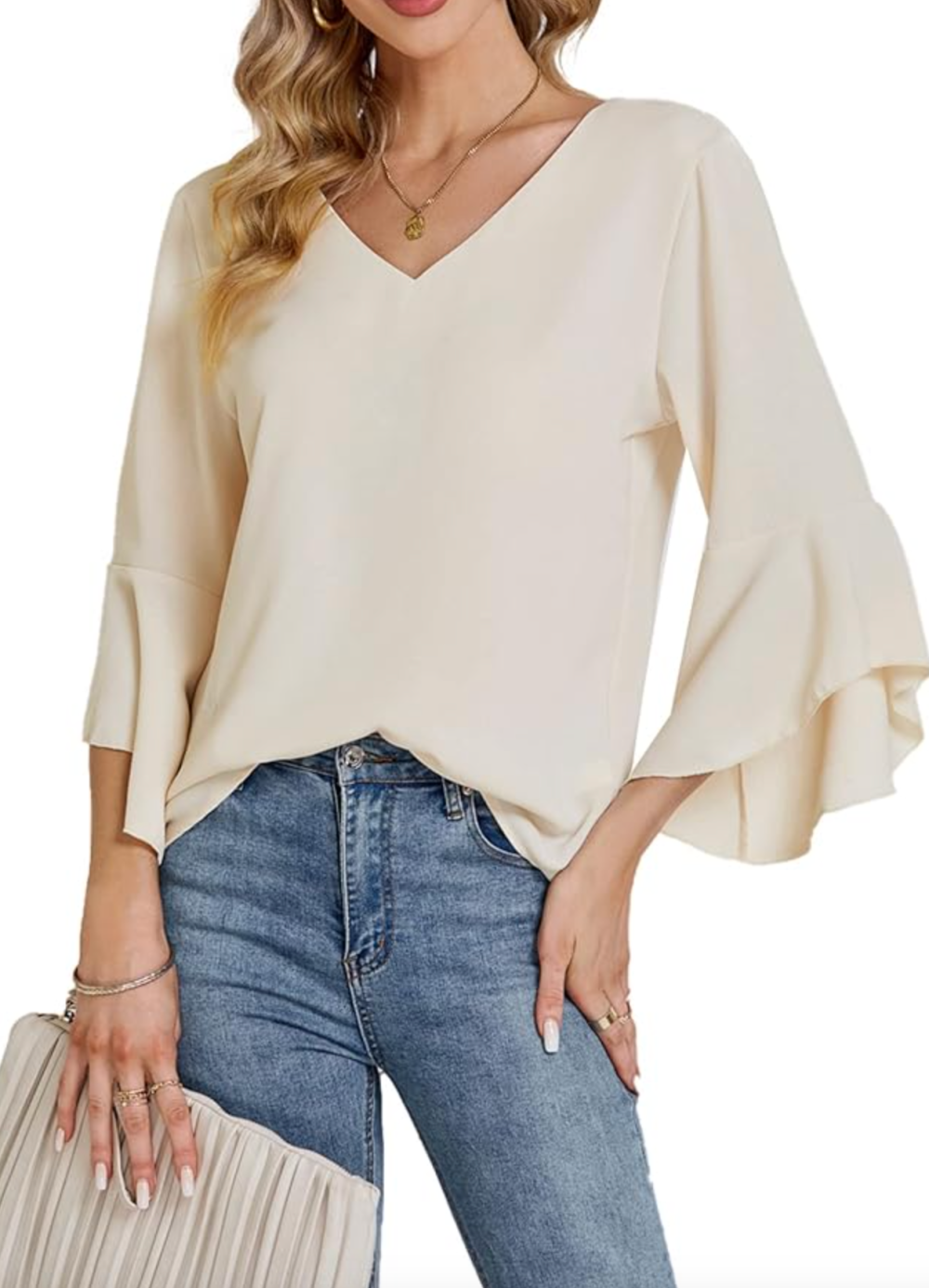 LYANER casual women's blouse with V-neck, ruffles and bell sleeves