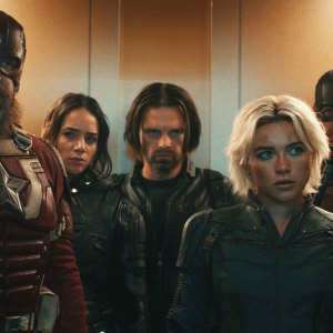 (L-R): Alexei Shostakov/Red Guardian (David Harbour), Ghost (Hannah John-Kamen), Bucky Barnes (Sebastian Stan), Yelena Belova (Florence Pugh), and John Walker (Wyatt Russell) in Marvel Studios' THUNDERBOLTS*. Photo courtesy of Marvel Studios. © 2024 MARVEL.