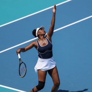 Venus Williams competing at the Miami Open on March 19, 2024.