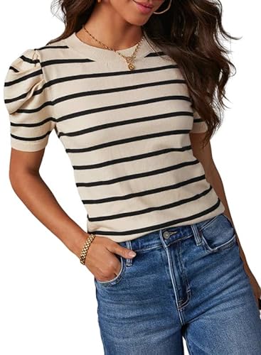 Dokotoo Short Puff Sleeve Knit Striped Top