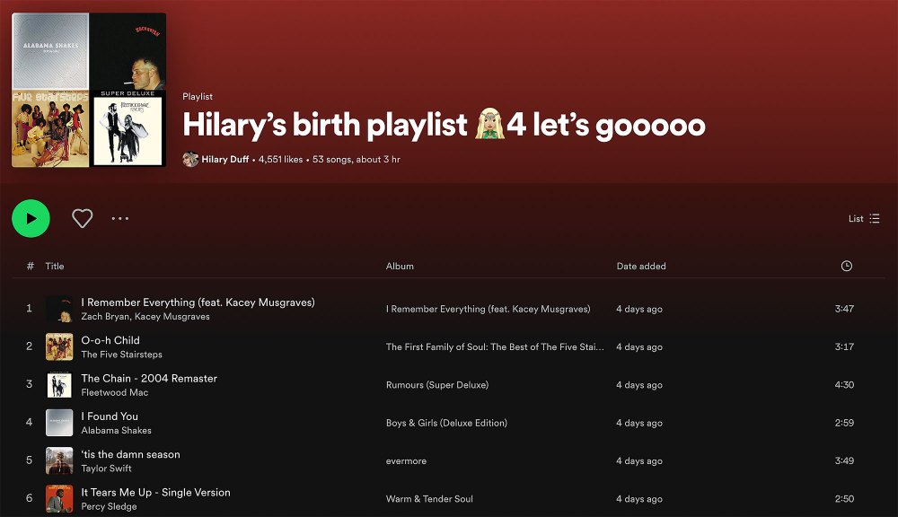 Hilary Duff Shares 3-Hour Long Birth Playlist on Spotify