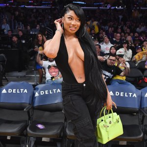 Megan Thee Stallions Courtside Style Includes a Daringly Low Top and a Lime Green Birkin